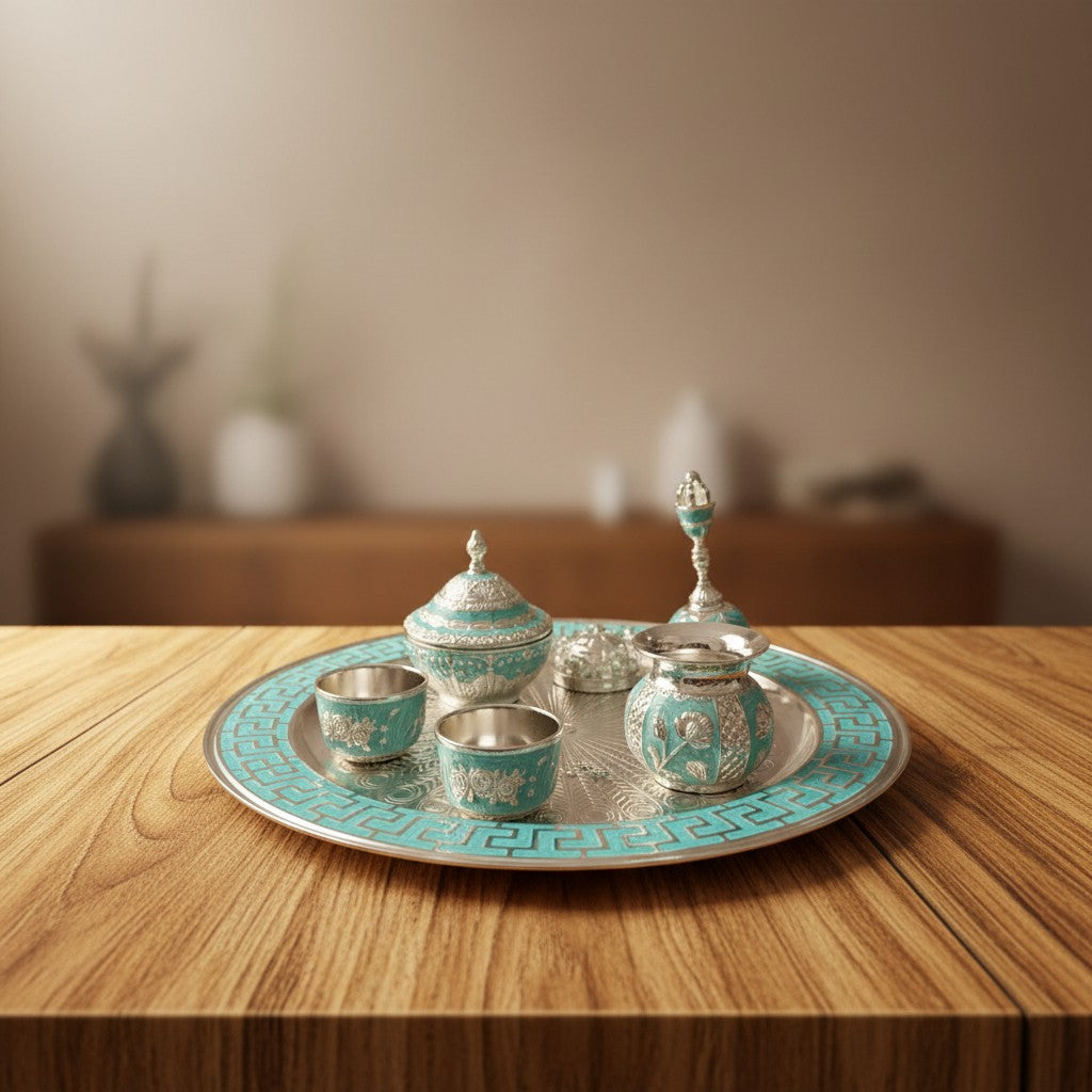 German Silver Blue Color Pooja Thali Set – 8 Pieces for Diwali & Navratri Pooja