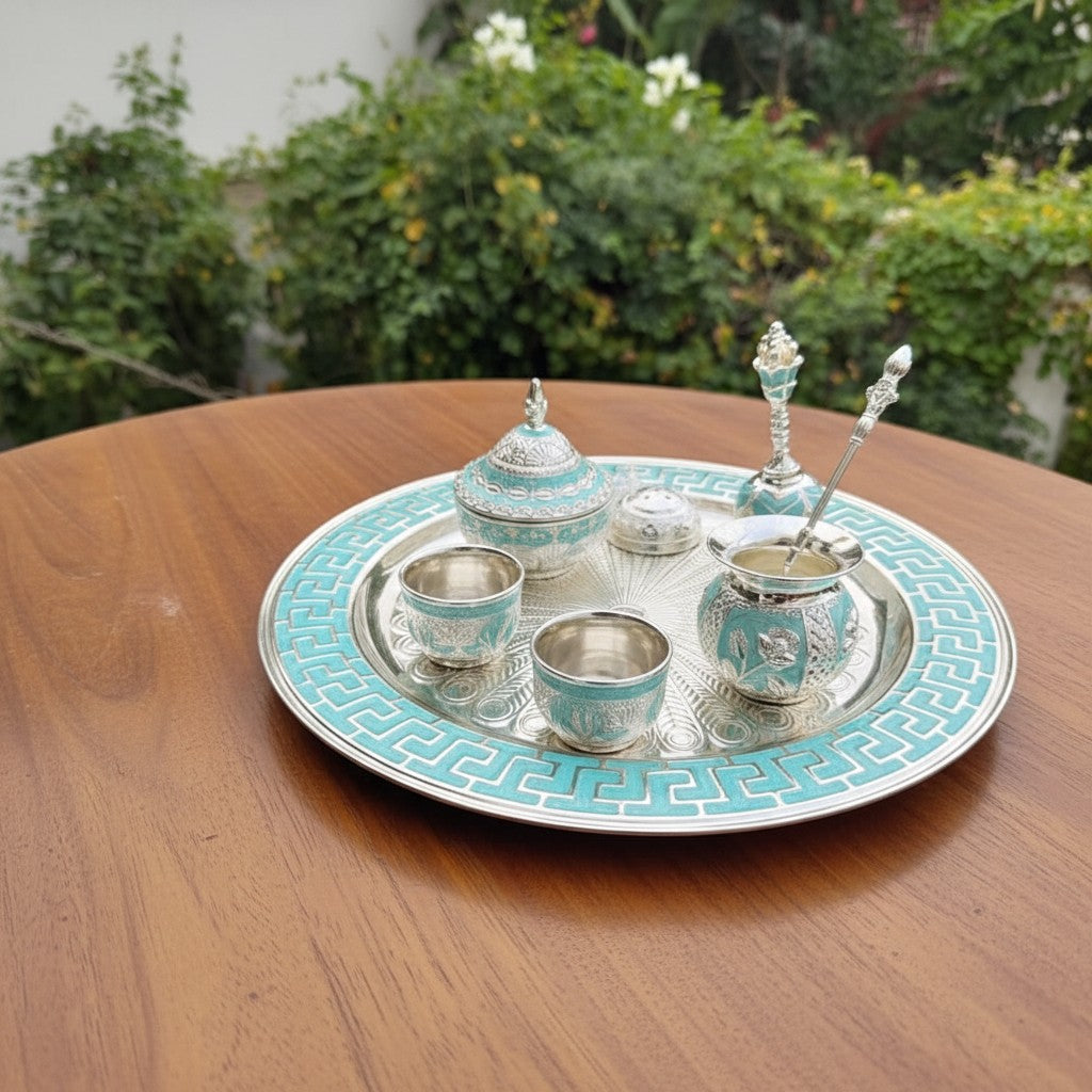 German Silver Blue Color Pooja Thali Set – 8 Pieces for Diwali & Navratri Pooja