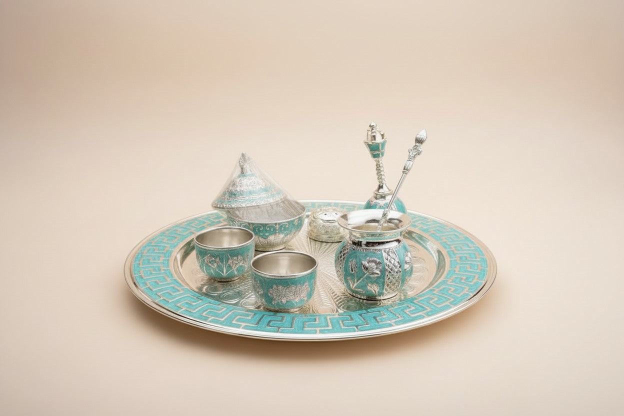 German Silver Blue Color Pooja Thali Set – 8 Pieces for Diwali & Navratri Pooja
