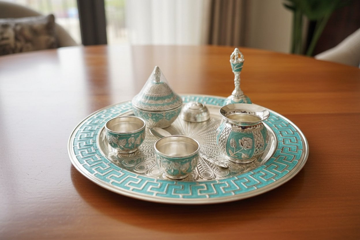 German Silver Blue Color Pooja Thali Set – 8 Pieces for Diwali & Navratri Pooja