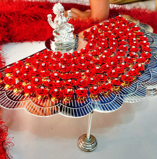 German silver 108 red rose flower detachable stand with laxmi idol for diwali/housewarming