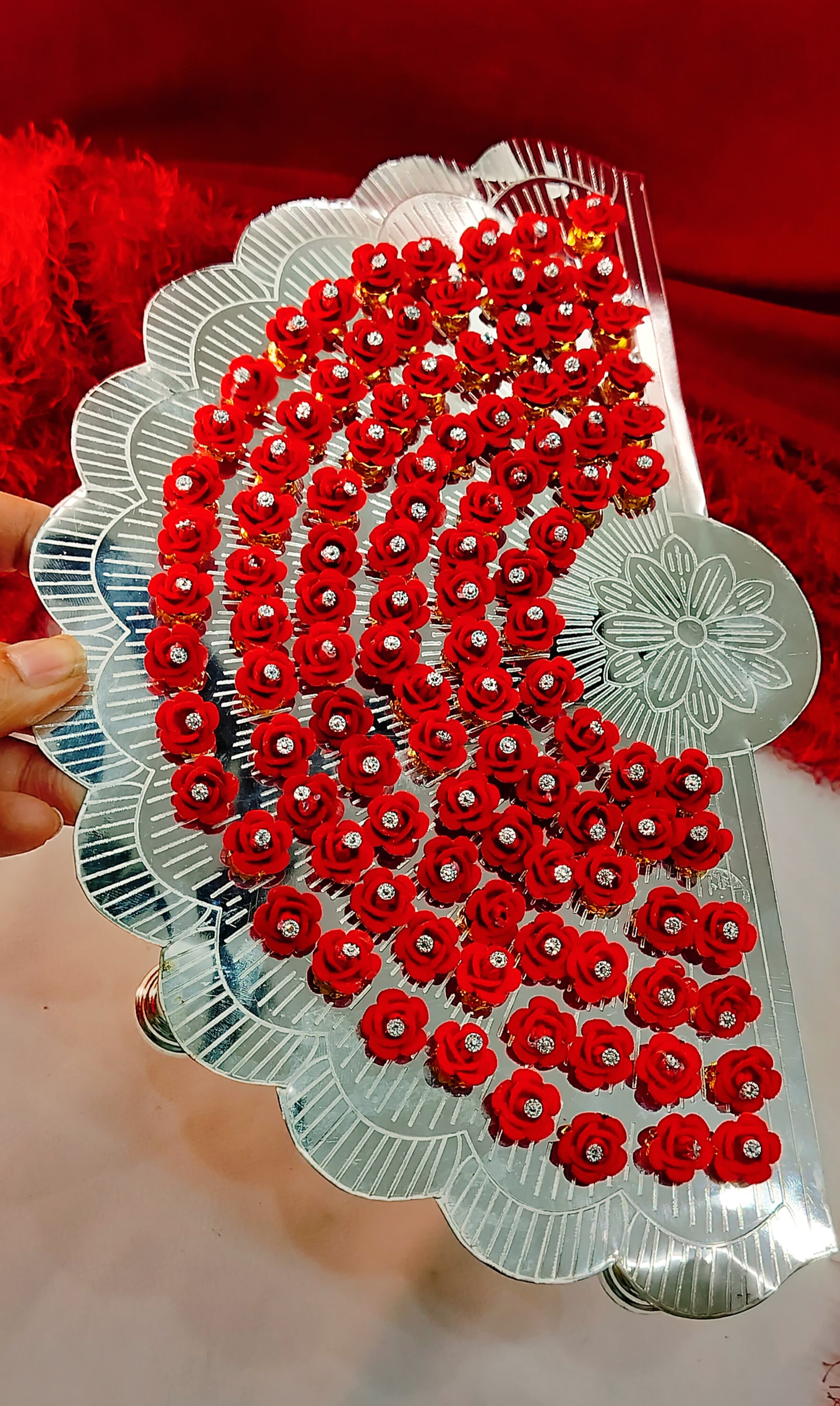 German silver 108 red rose flower detachable stand with Laxmi idol