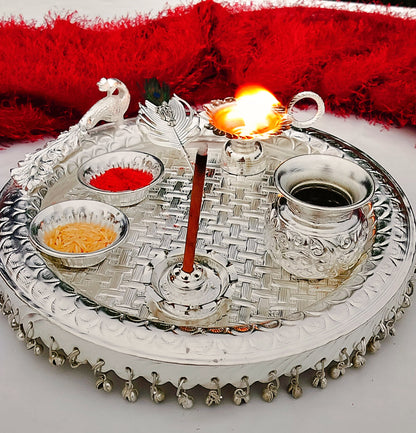 German silver peacock Engraved heavy gauge Ghungaru Aarti thali set