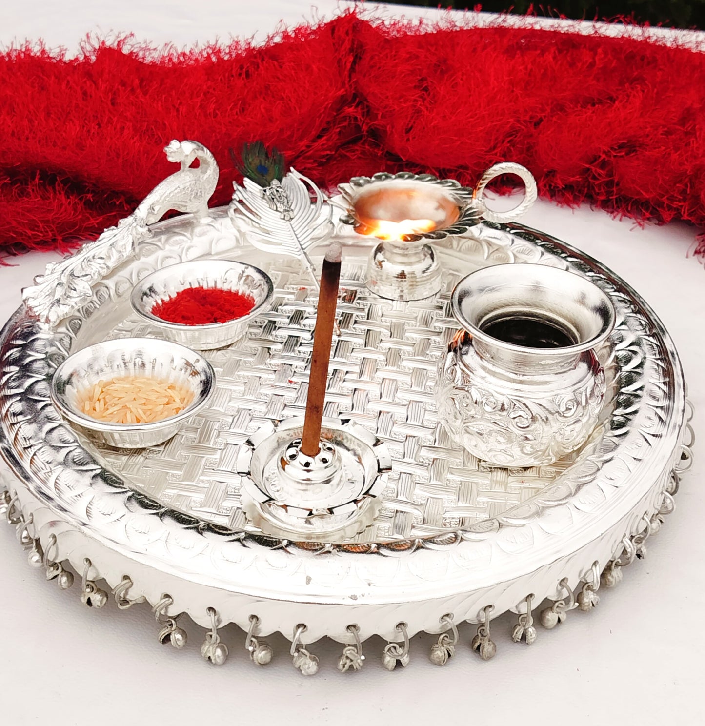 German silver peacock Engraved heavy gauge Ghungaru Aarti thali set