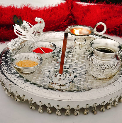 German silver peacock Engraved heavy gauge Ghungaru Aarti thali set