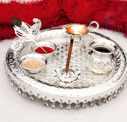 German silver peacock Engraved heavy gauge Ghungaru Aarti thali set