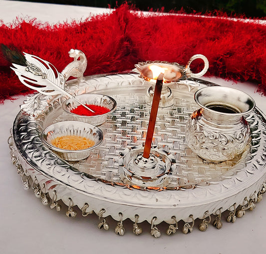 German silver peacock Engraved heavy gauge Ghungaru Aarti thali set