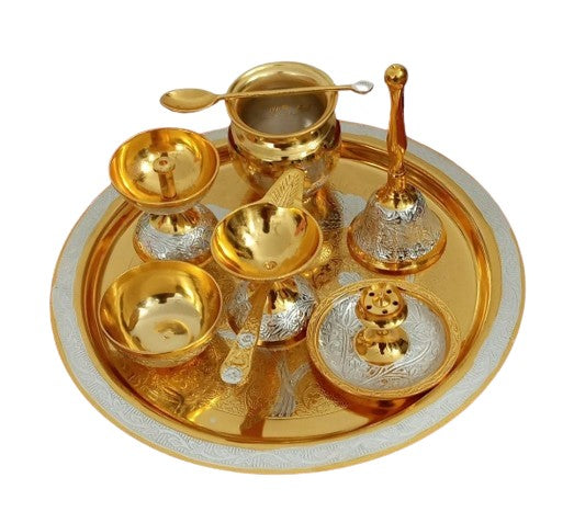 Silver Plated Flower Nakshi Embossed Pooja Thali Set - 8 Pieces Set