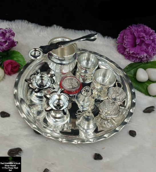 Silver Plated Embossed Pooja Thali Set - 11 pieces set for diwali/housewarming