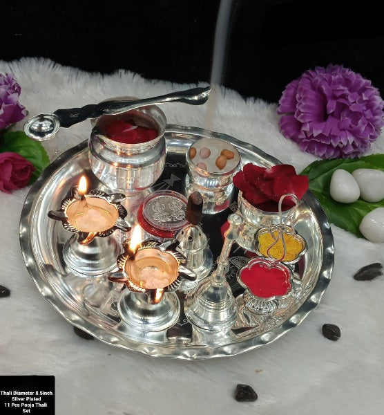 Silver Plated Embossed Pooja Thali Set - 11 pieces set for diwali/housewarming