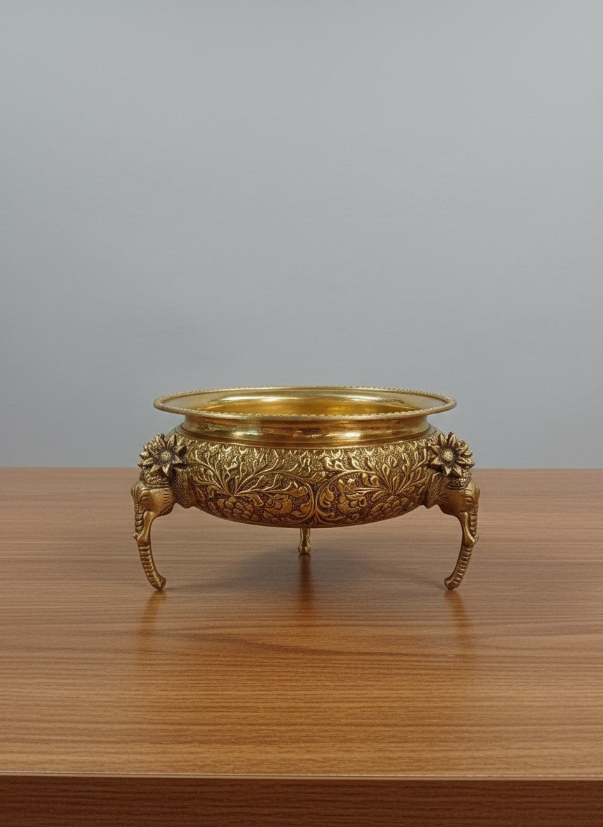 Brass Urli with Elephant Legs – Antique Finish for home decor