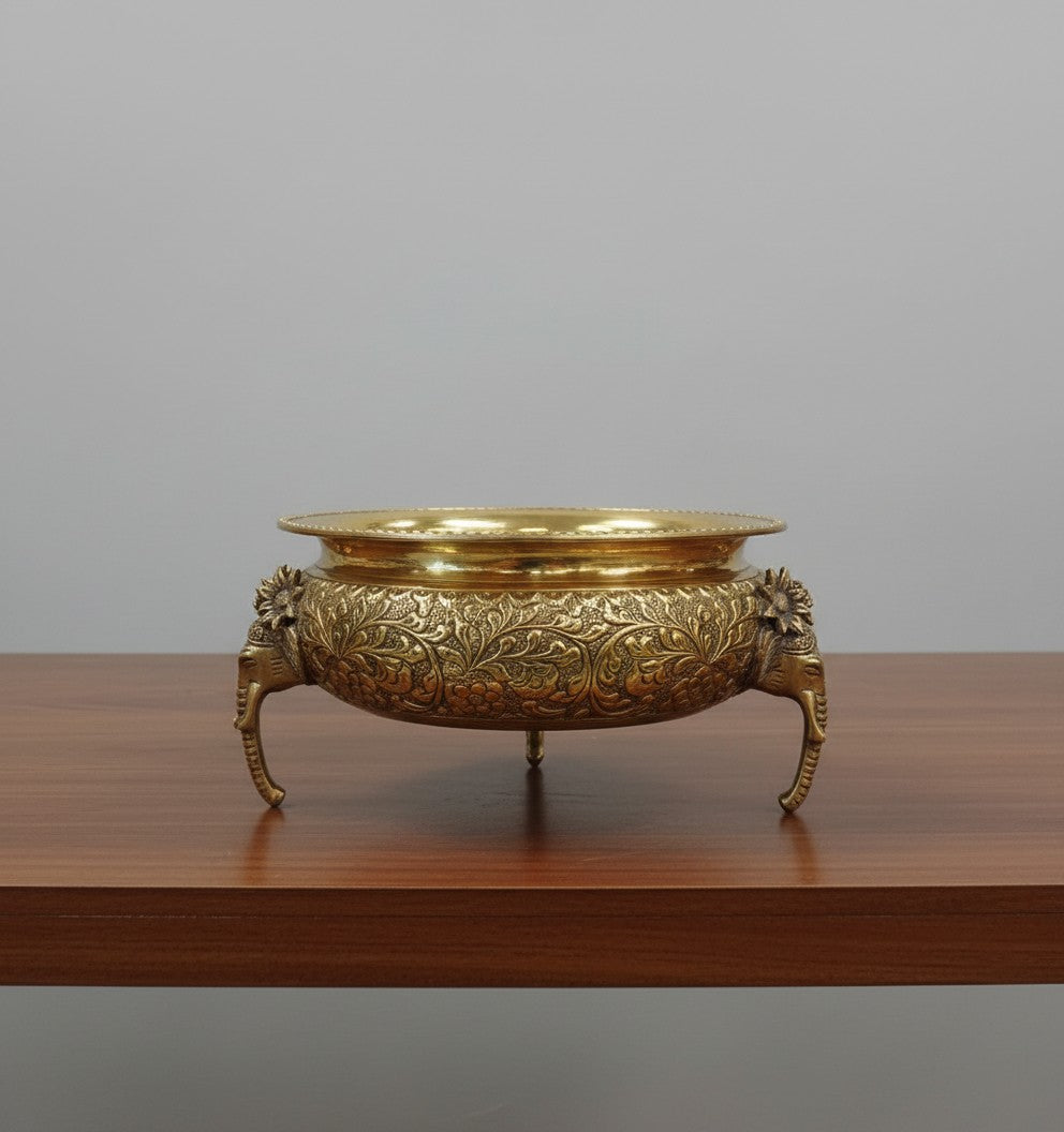 Brass Urli with Elephant Legs – Antique Finish for home decor