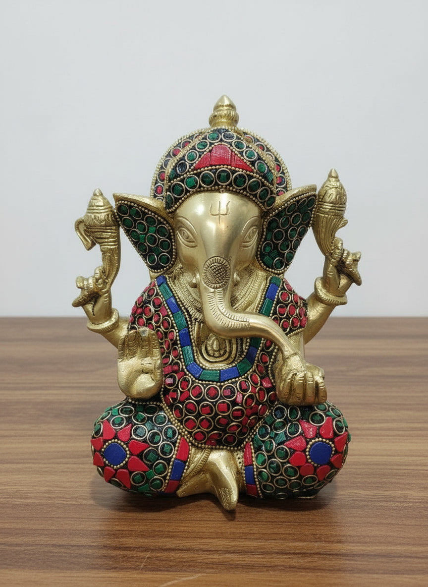 Handcrafted Brass Ganesh Idol with Stone Work – 8" Spiritual Home Décor & Temple Statue