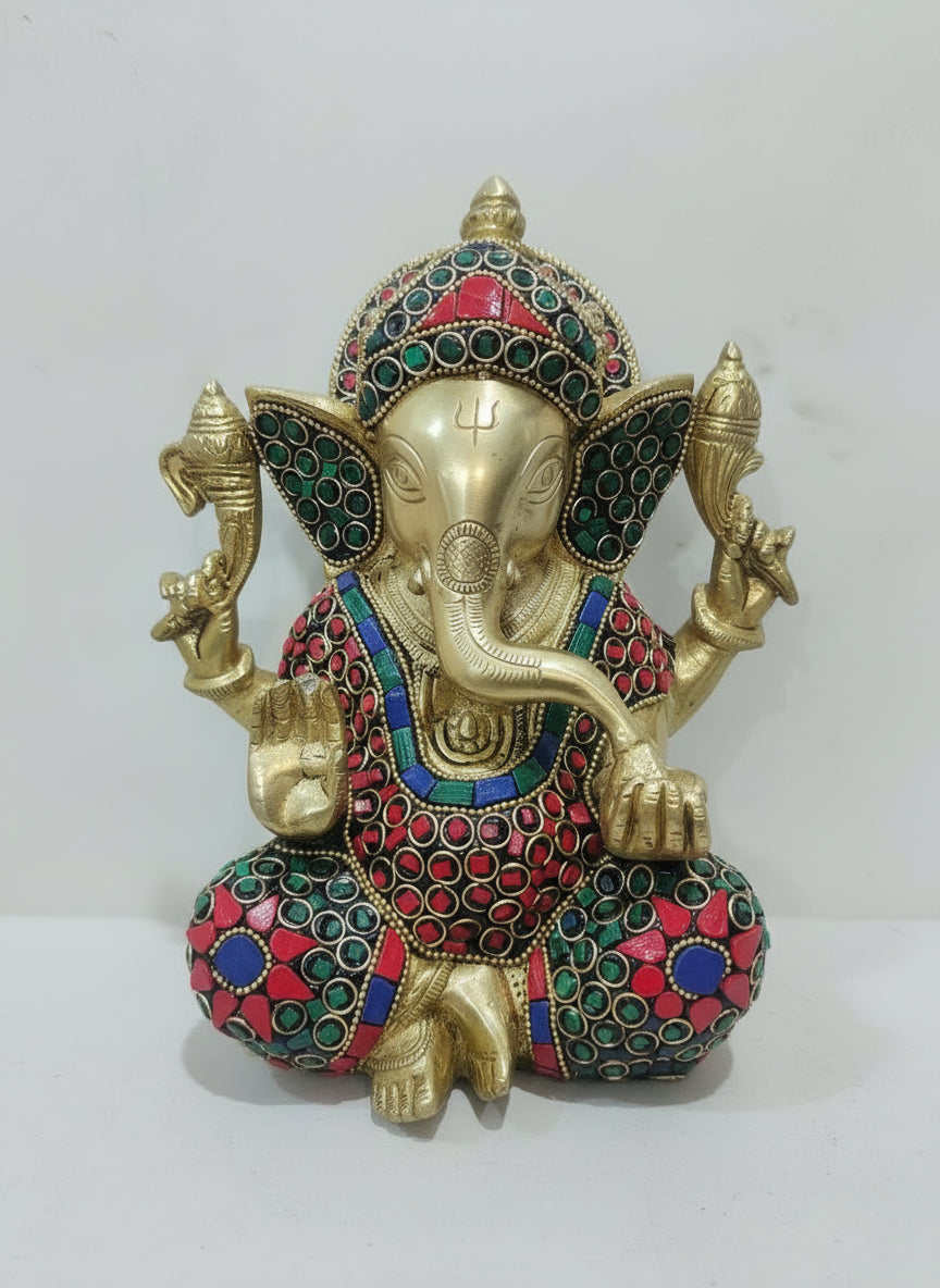 Handcrafted Brass Ganesh Idol with Stone Work – 8" Spiritual Home Décor & Temple Statue