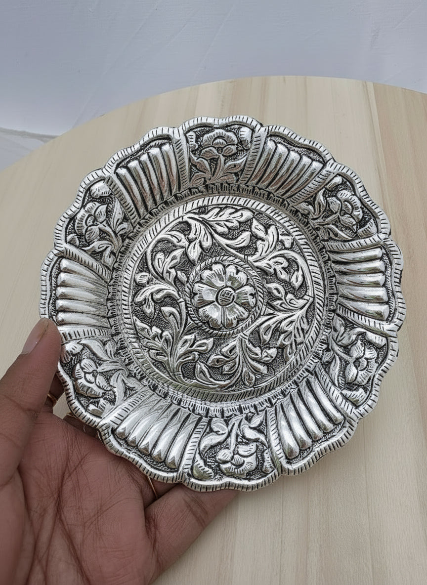 German Silver Fully Carved Set of 2 Plates – Antique Finish