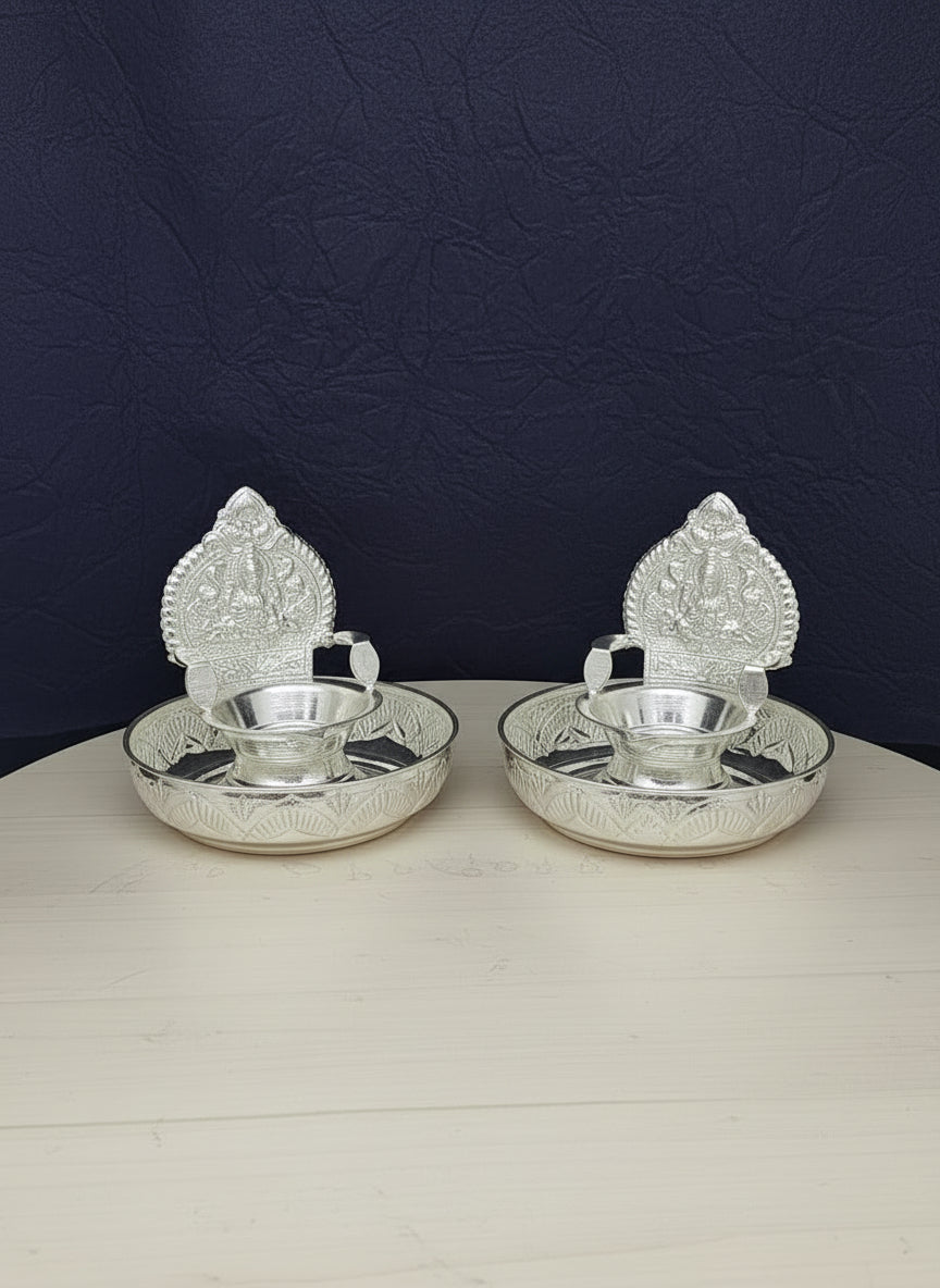 German Silver Set of 2 Diyas with 2 Plates – Antique Finish