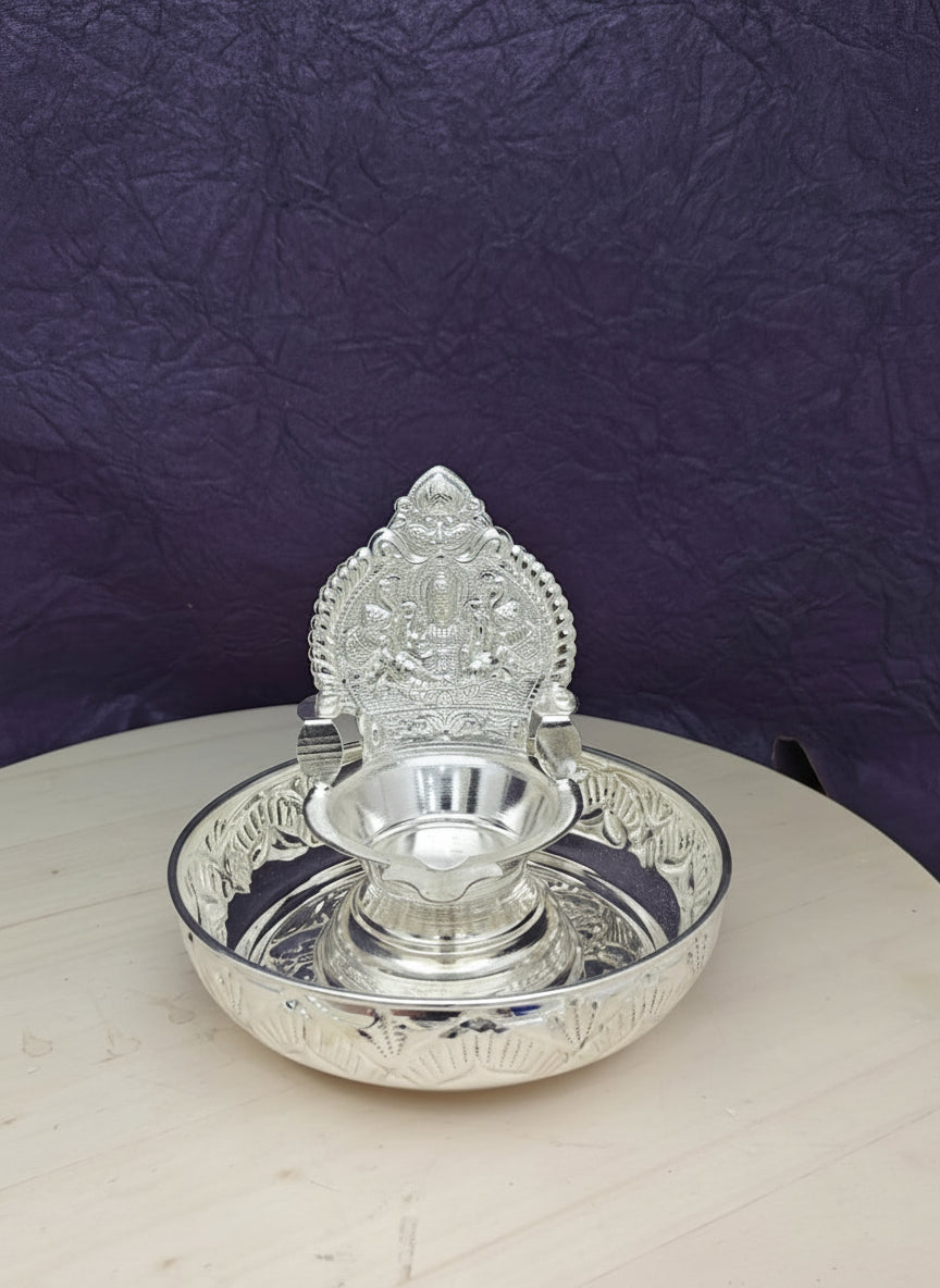 German Silver Set of 2 Diyas with 2 Plates – Antique Finish