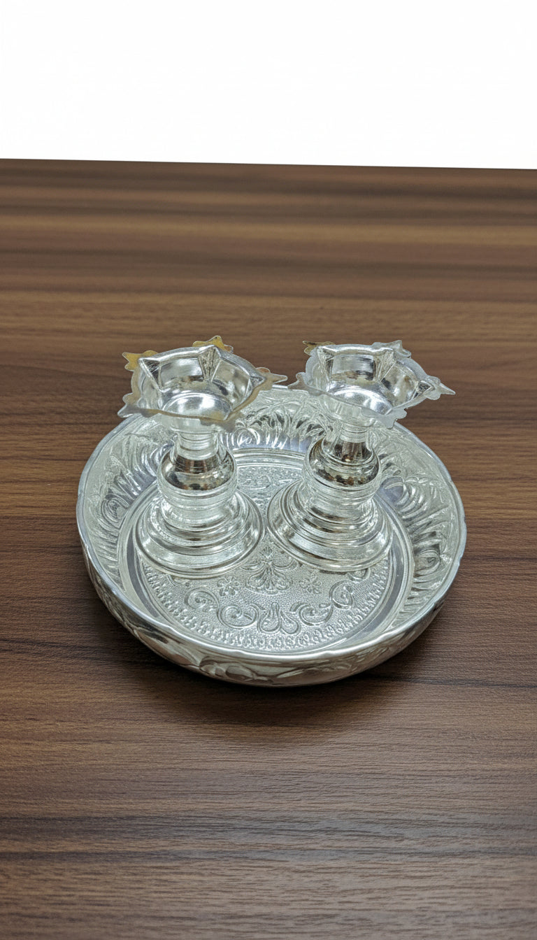 German Silver Tray with 2 Diya Set