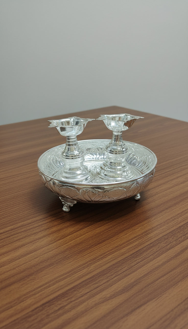 German Silver Tray with 2 Diya Set