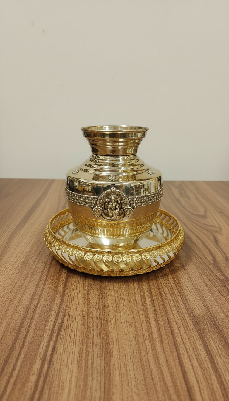 Brass ganesh Kalash with German Silver Tray – Pooja & Housewarming Set