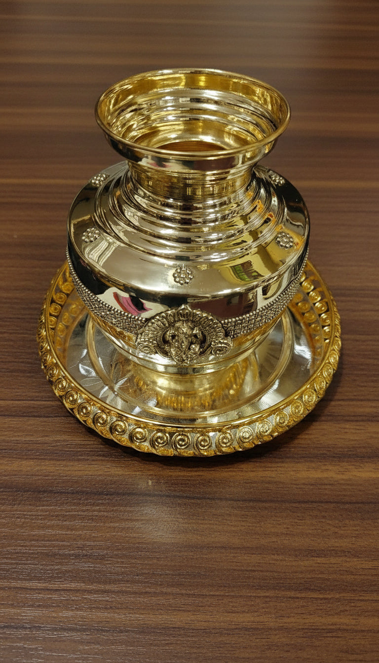 Brass ganesh Kalash with German Silver Tray – Pooja & Housewarming Set