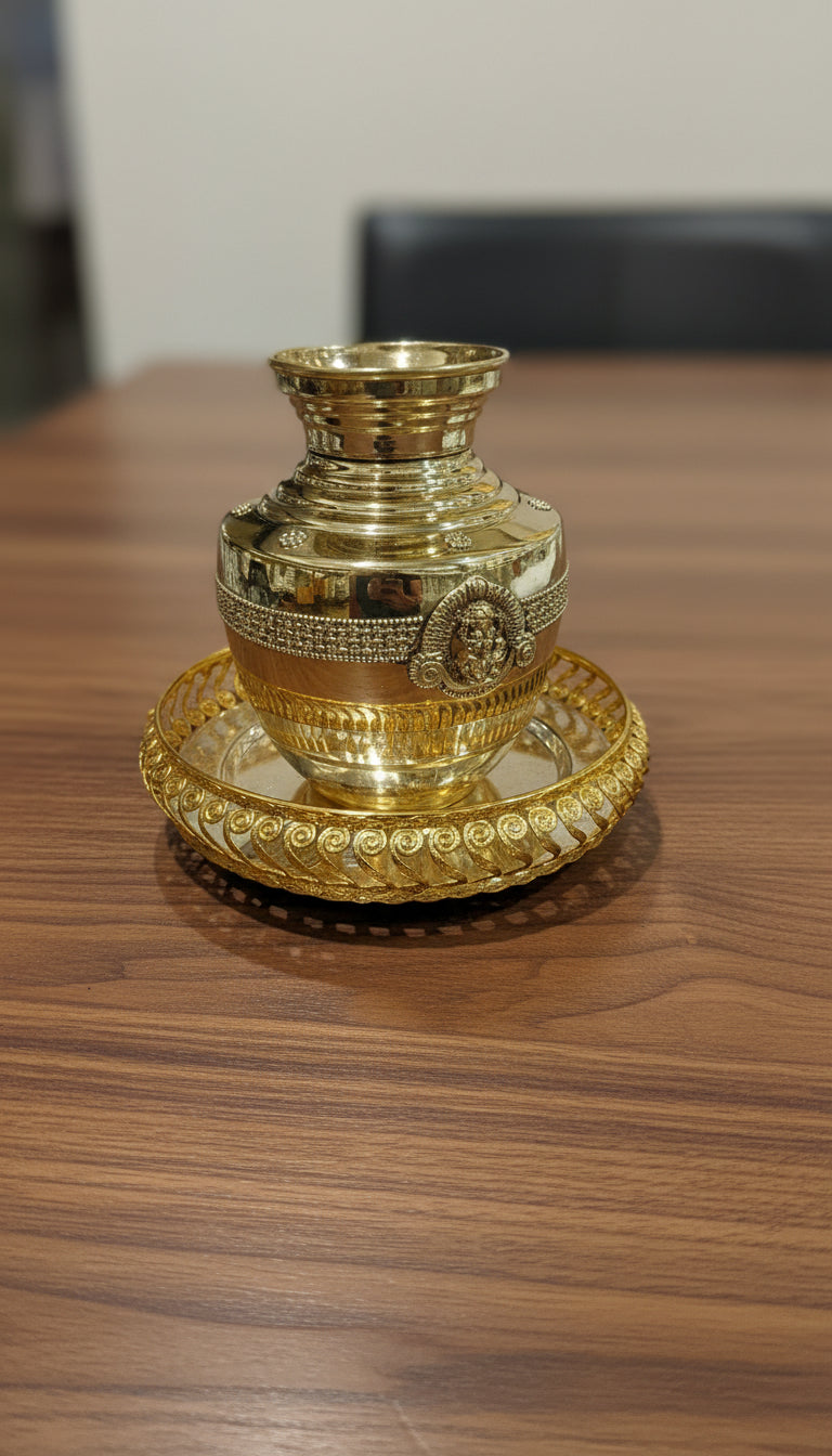 Brass ganesh Kalash with German Silver Tray – Pooja & Housewarming Set
