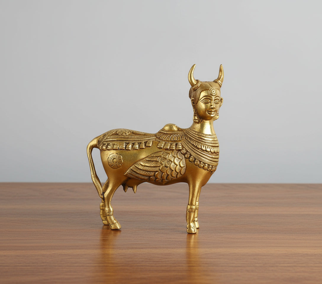 Brass Kamdhenu Cow & Calf Idol – Sacred Vastu Figurine for Pooja & Home Décor