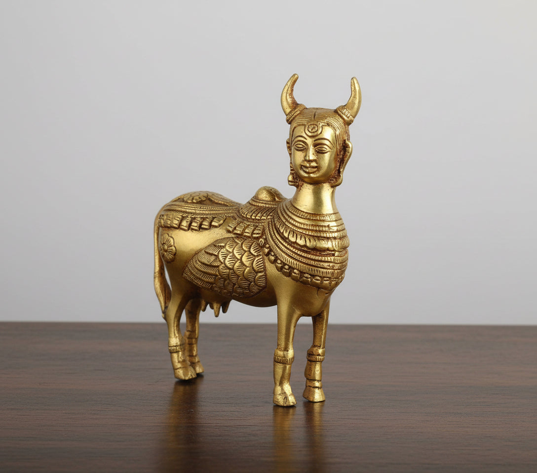 Brass Kamdhenu Cow & Calf Idol – Sacred Vastu Figurine for Pooja & Home Décor