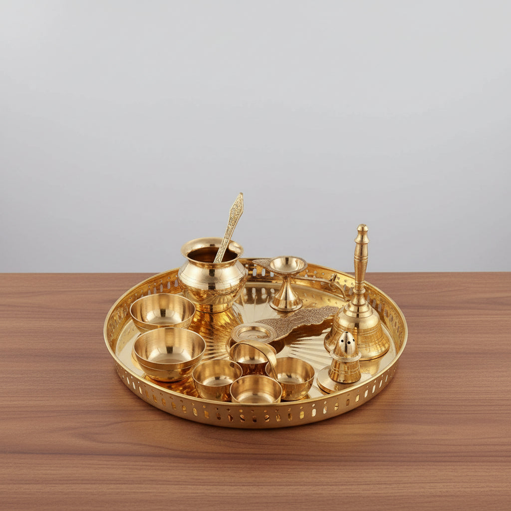 Brass Pooja Thali Set – Traditional Housewarming Gift , 10 pieces set