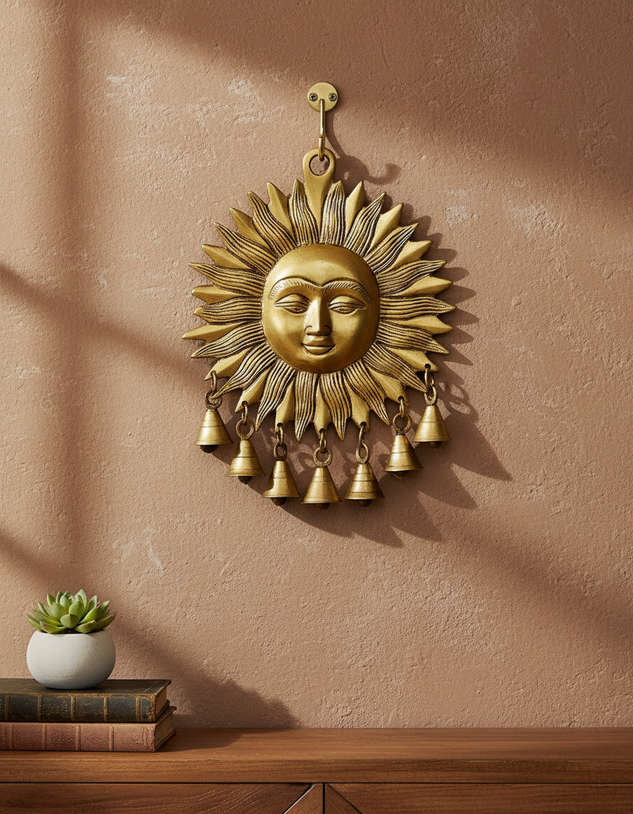 brass sun wall hanging with bells for home décor