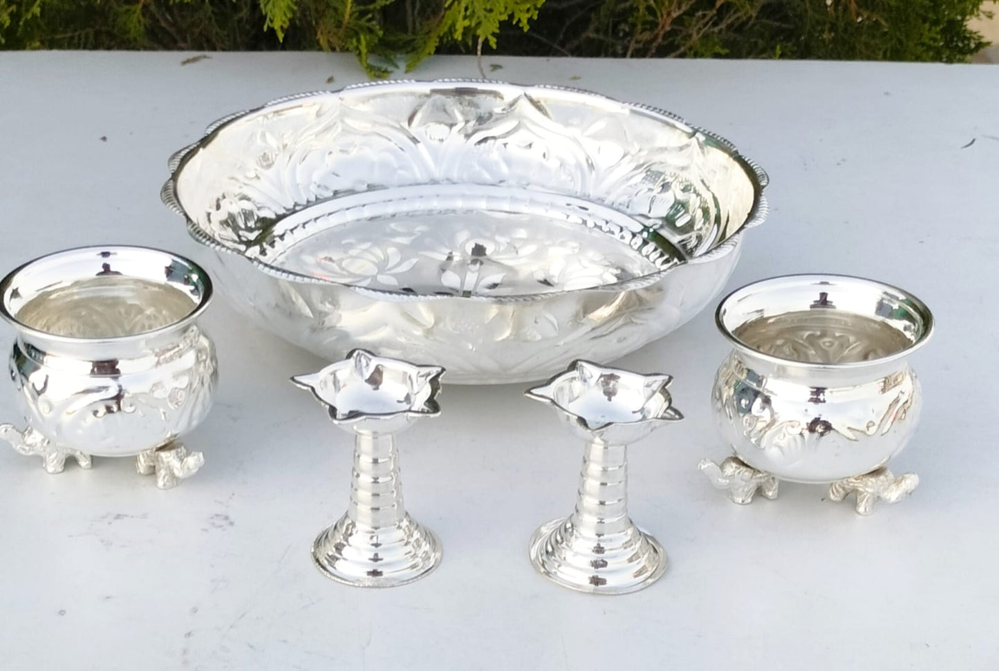 German silver pooja set combo of 5 pieces for Diwali/ housewarming