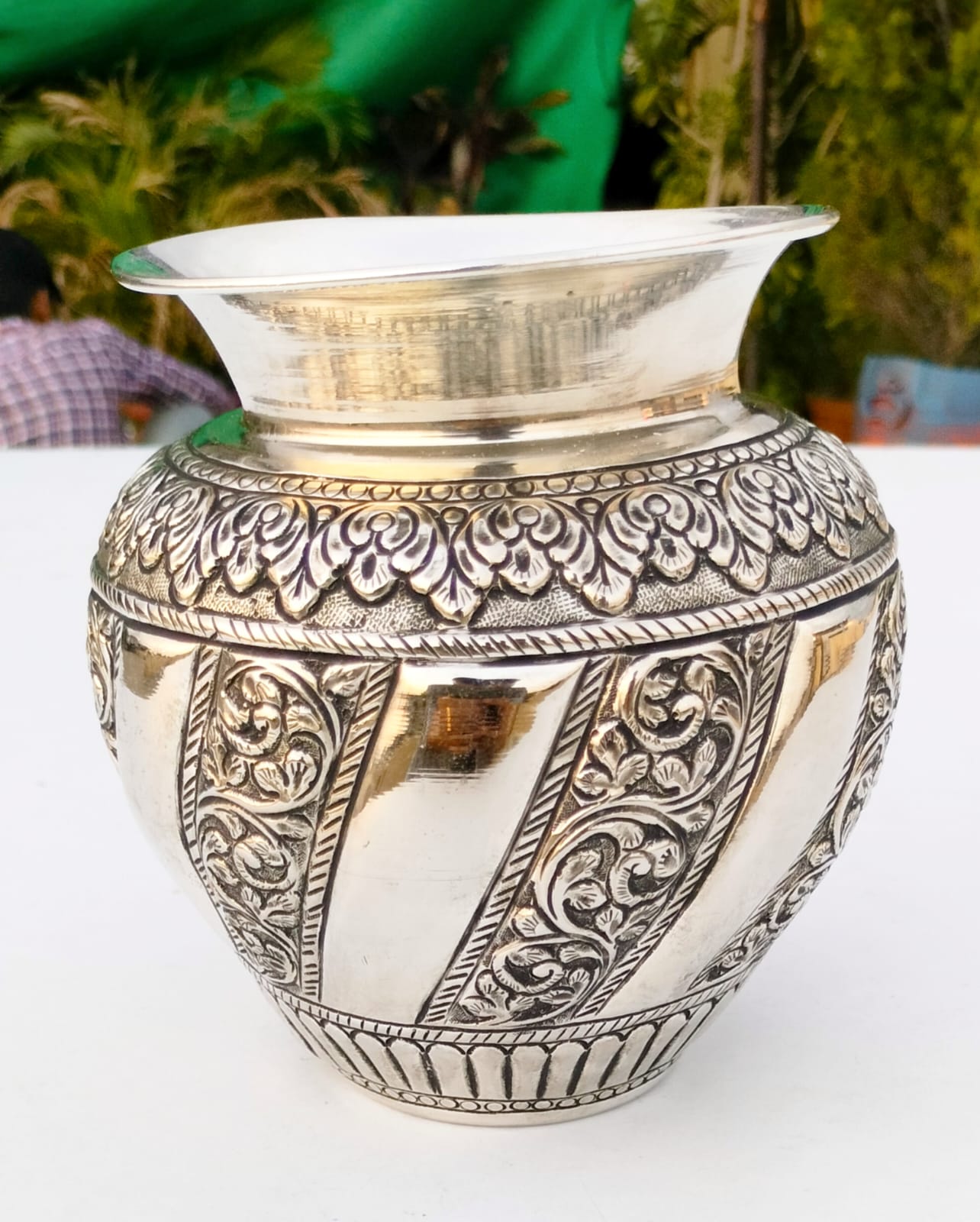 German silver antique kalasha with fine carving kalasha/ lota for pooja diwali/housewarming