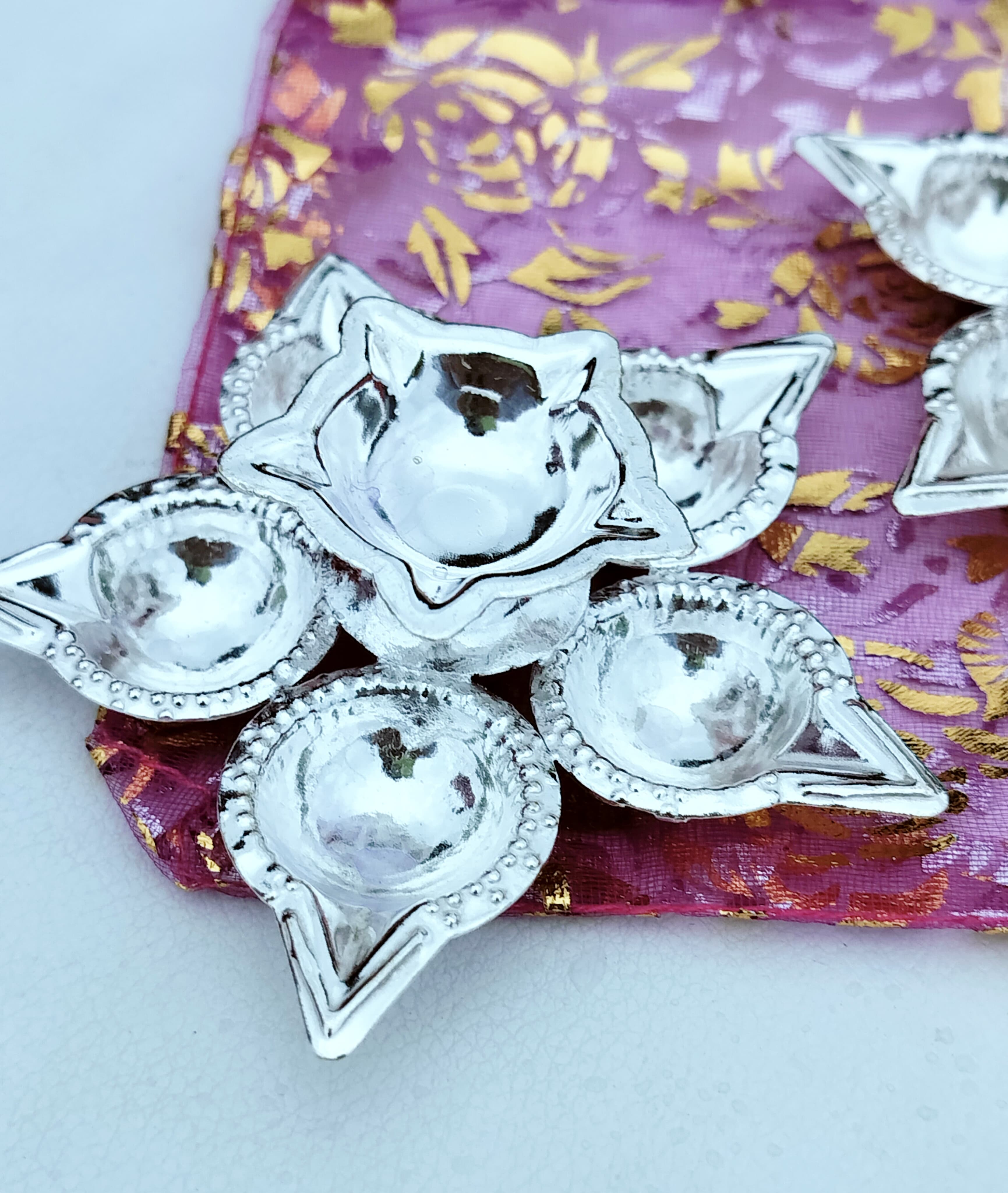 Set of 10 German Silver panchmukhi Diya Set for Diwali/Housewarming Pooja