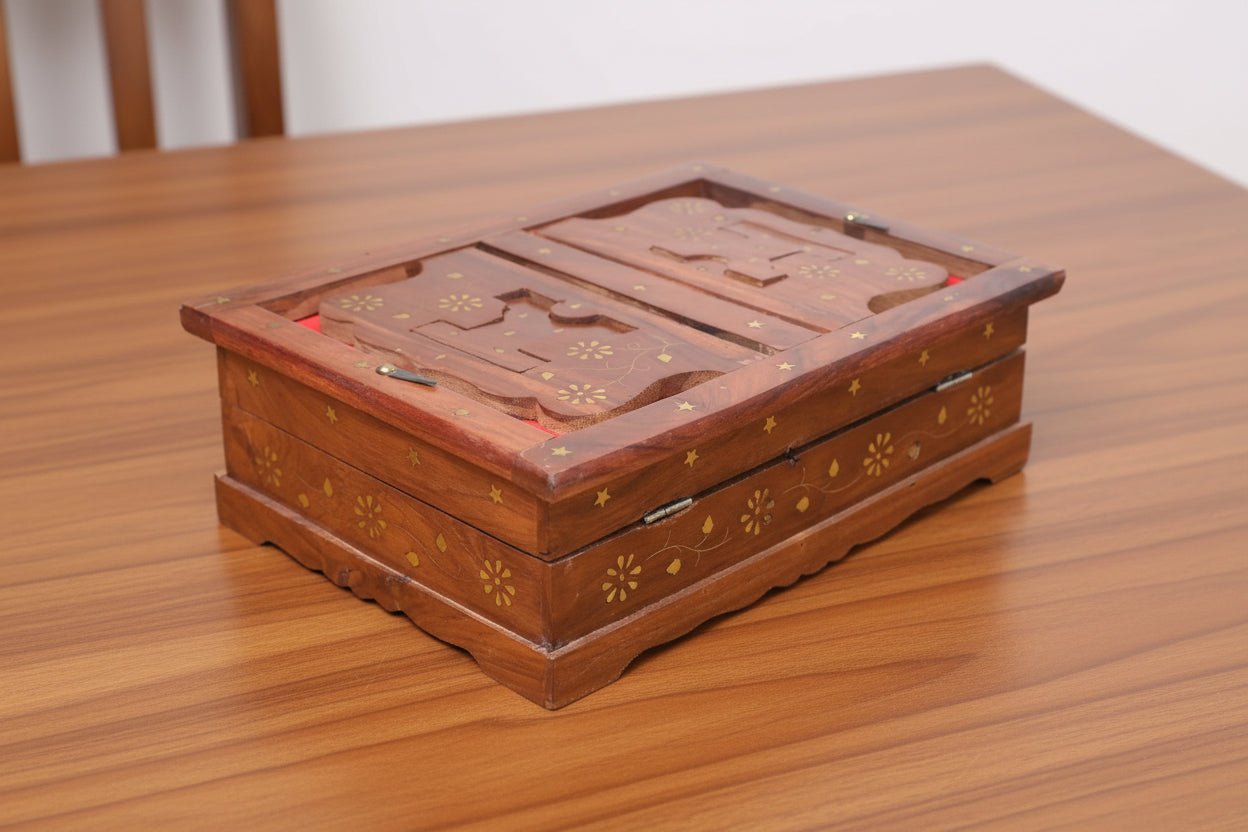Sheesham Wooden Handmade Brass Work Quran/bibal/Geeta Box Stan