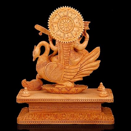 Kadam Wooden Saraswathi Statue Musician Lady Figurine Maa Saraswathi Sitting on Swan Decor Gift