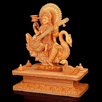 Kadam Wooden Saraswathi Statue Musician Lady Figurine Maa Saraswathi Sitting on Swan Decor Gift