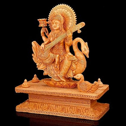 Kadam Wooden Saraswathi Statue Musician Lady Figurine Maa Saraswathi Sitting on Swan Decor Gift