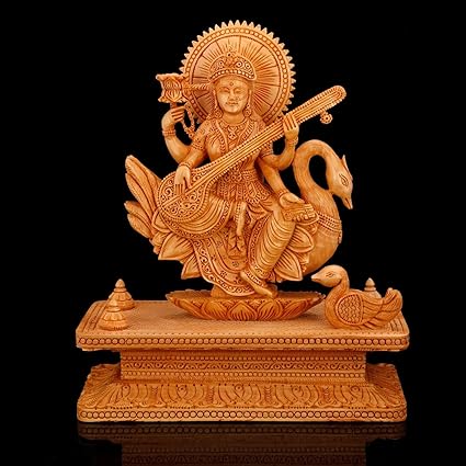 Kadam Wooden Saraswathi Statue Musician Lady Figurine Maa Saraswathi Sitting on Swan Decor Gift