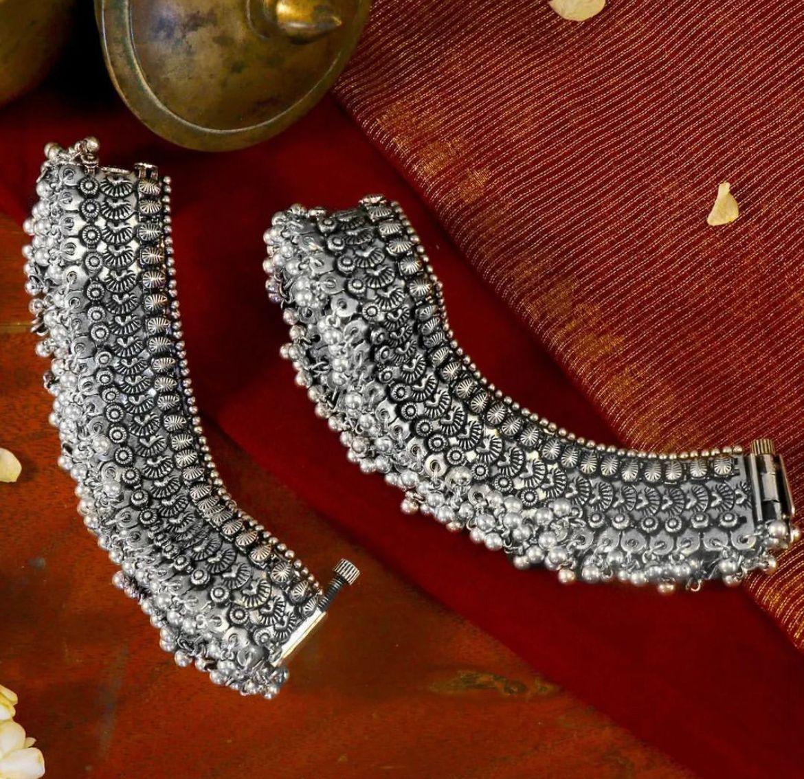 German silver broad ghungroo anklet, 10" length each for women