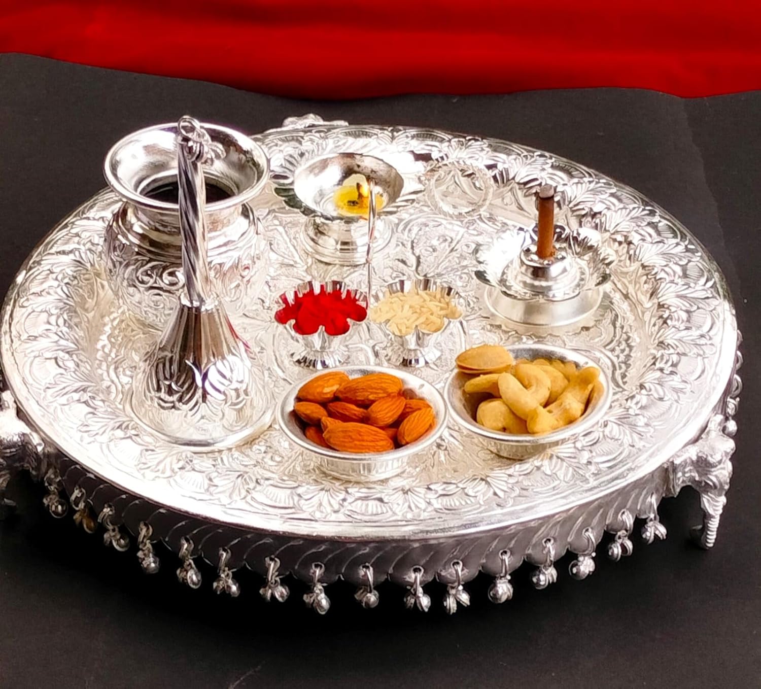 German Silver Elephant Design nakkashi aarti thali Set with ghungru Combo Set of 9 Pieces