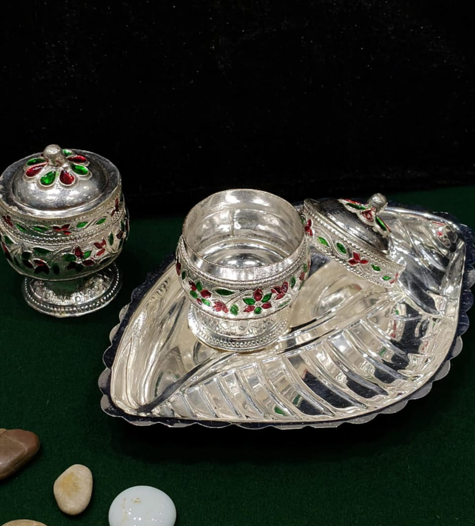 Silver Plated Shank Design Karnada/meenakari kumkum Platter/Small Tray with 2 Bowl Set