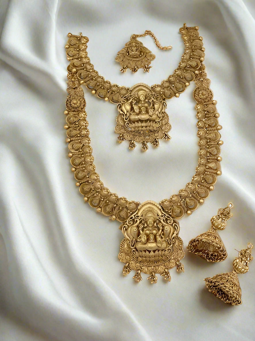 indiancraftsbykanika presents 4 pieces combo lakshmi bridal necklace jewelry set looks good on any woman, golden