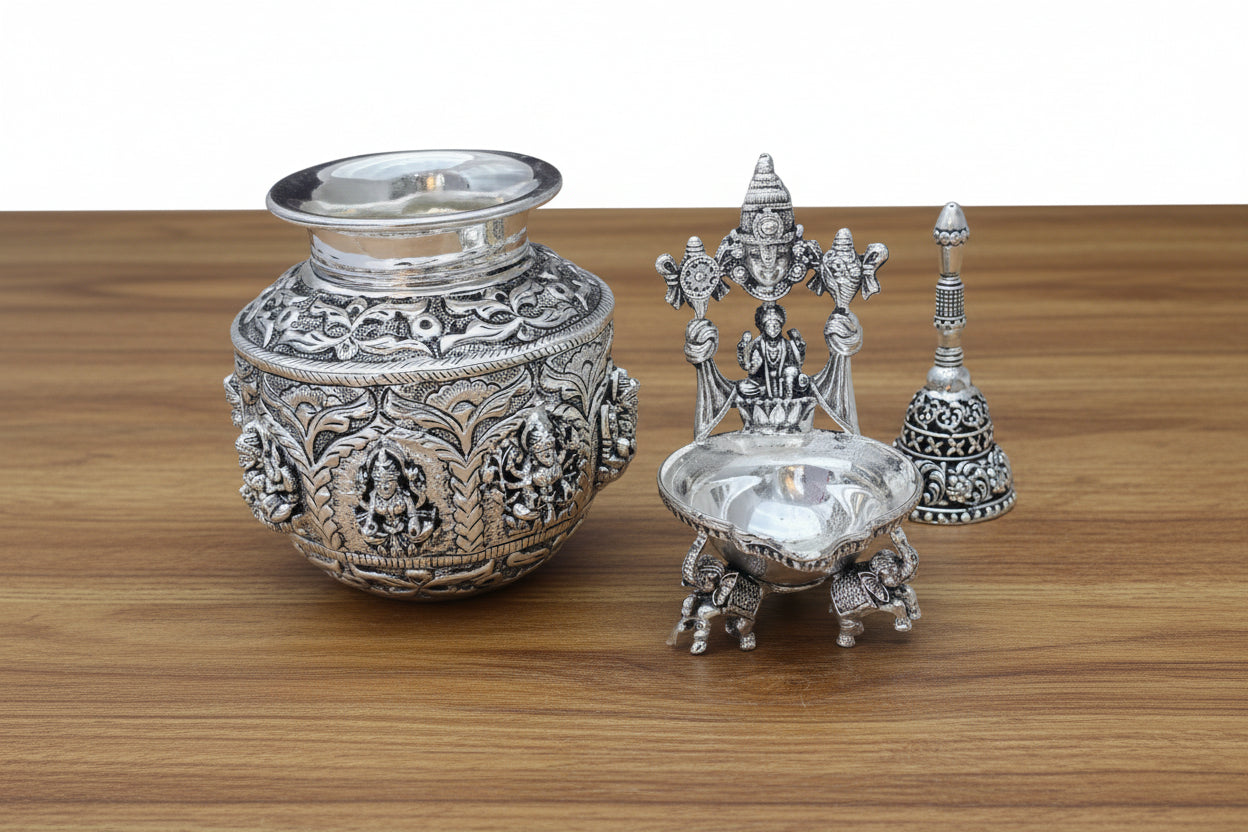 German Silver Antique Finish Pooja Set – Perfect for Housewarming