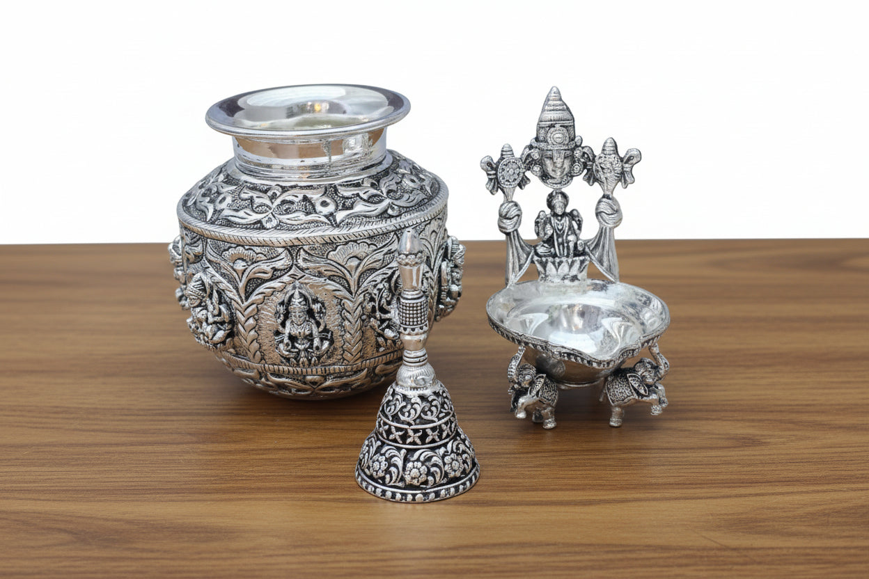 German Silver Antique Finish Pooja Set – Perfect for Housewarming