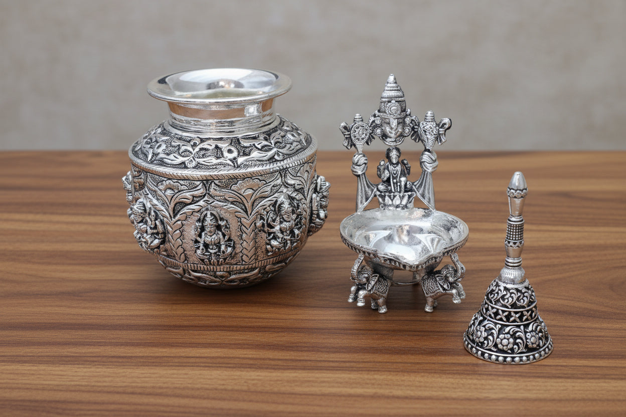 German Silver Antique Finish Pooja Set – Perfect for Housewarming