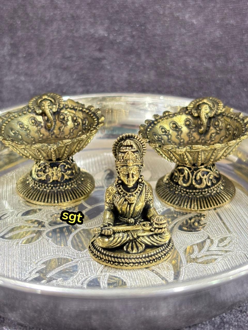 German Silver Plate with Brass Ganesh Diya & Lakshmi Statue – For Housewarming Pooja