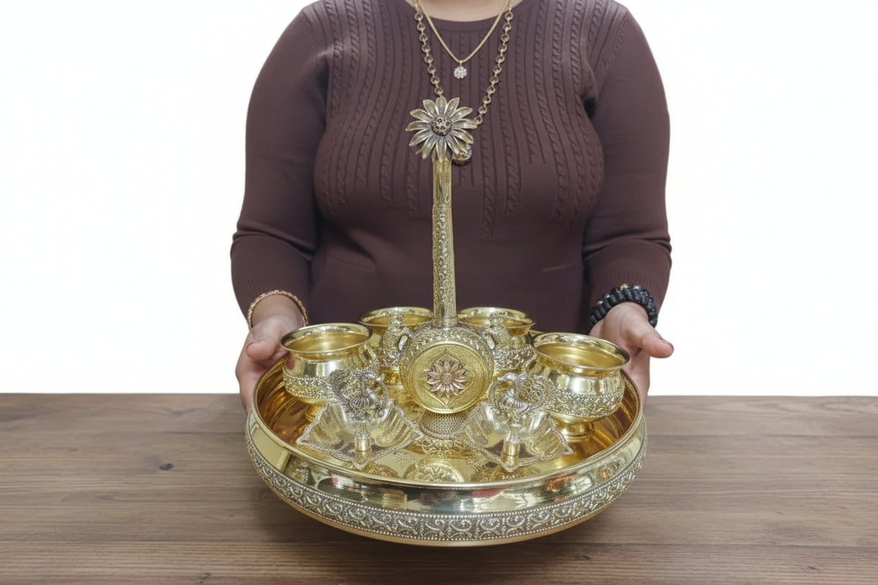 Brass Pooja Thali Set with rose water dispenser – For Housewarming Pooja