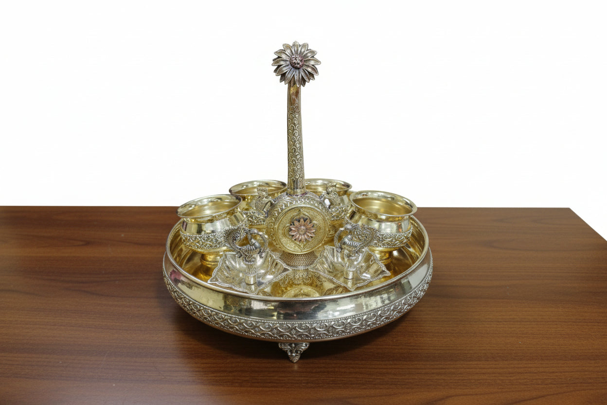 Brass Pooja Thali Set with rose water dispenser – For Housewarming Pooja