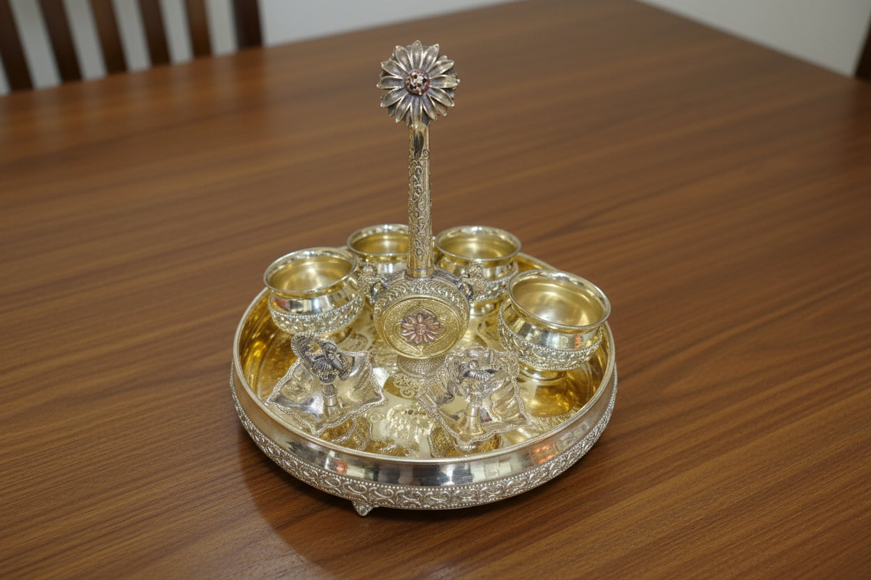 Brass Pooja Thali Set with rose water dispenser – For Housewarming Pooja