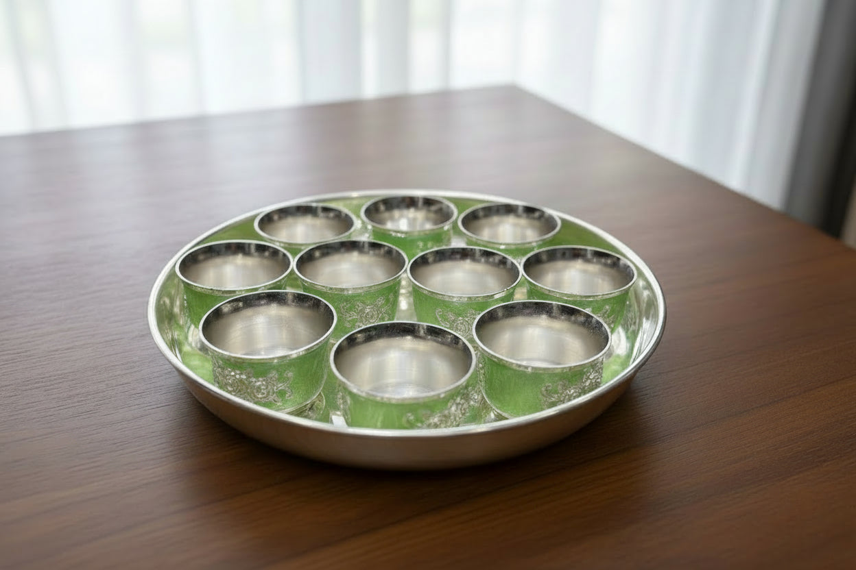 German Silver Plate with 10 Meenakari Work Bowls